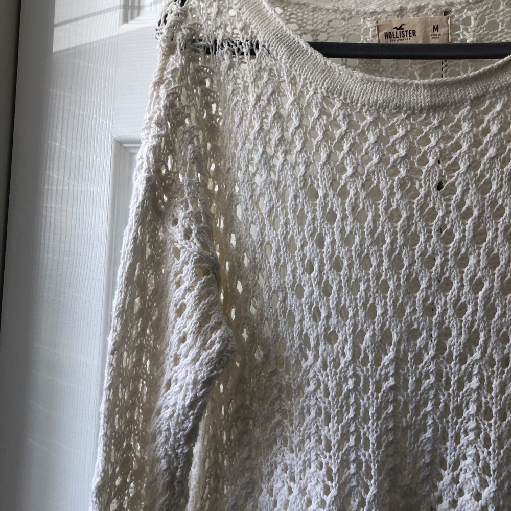 Hollister Womens Cream White Open Knit Crochet Sweater Long Sleeve Size M - Picture 7 of 9